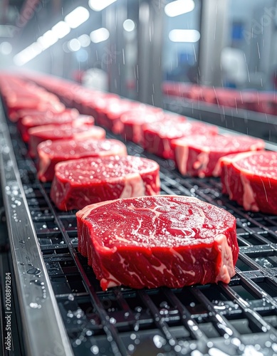 Rows of raw beef steaks processed on a conveyor belt. Rows 79