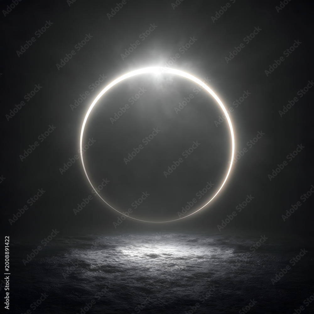 Obraz premium Perfect sharp black circle covering mesmerizing glowing white light creates mysterious dramatic space eclipse reflection