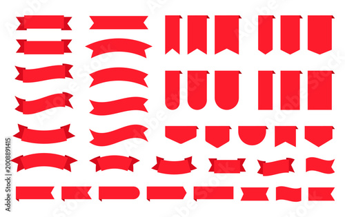 Red ribbons. Price tag product labels. Set discount promo stickers. Scarlet callouts and pennants. Collection shapes isolated on white background. Vector illustration. Flat design.