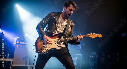 Musician playing electric guitar on stage