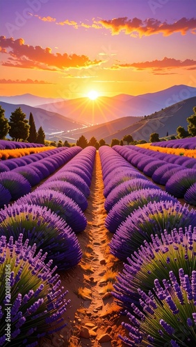 Rows of vibrant purple lavender stretch towards a golden sunset over rolling hills