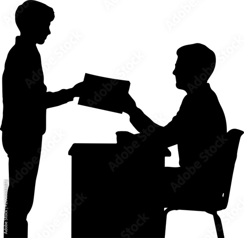 Black Silhouette of a Person Handing a Document to Someone Sitting at a Desk Job Interview or Student Giving Assignment to Teacher Vector