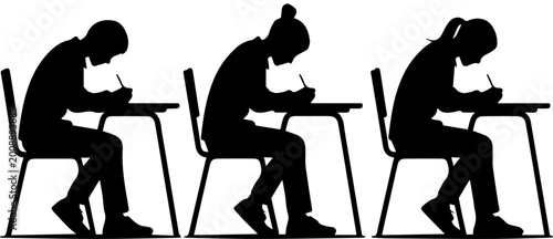 Silhouette of Three Students Sitting at Desks and Writing During an Exam Vector Graphic