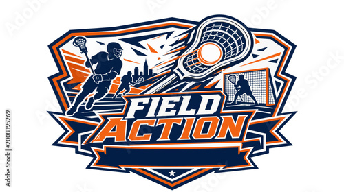 Lacrosse Field Action Sports Logo Design Blue Orange.