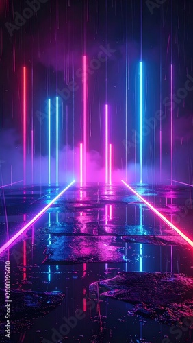 Vibrant neon lights illuminate a wet, reflective surface with swirling mist