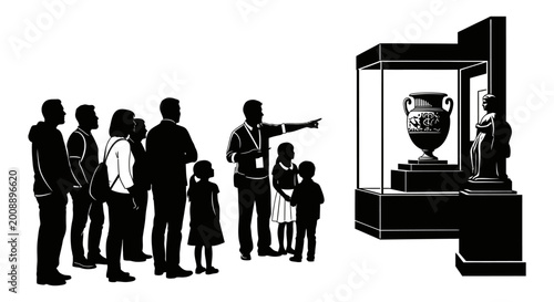 Bilde på lerret Silhouette people viewing trophy, museum exhibit, display case, black icons, vec