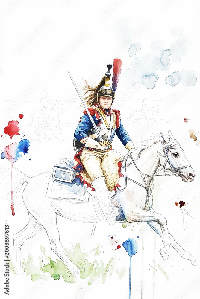Obraz premium Watercolor painting depicts a dashing Napoleonic-era cavalry officer on horseback amidst a flurry of vibrant splashes and sketched figures.
