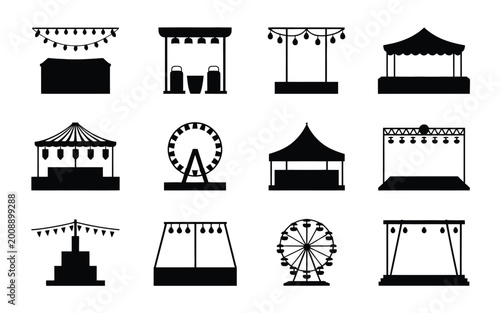 Black silhouettes of various carnival and fairground attractions and structures