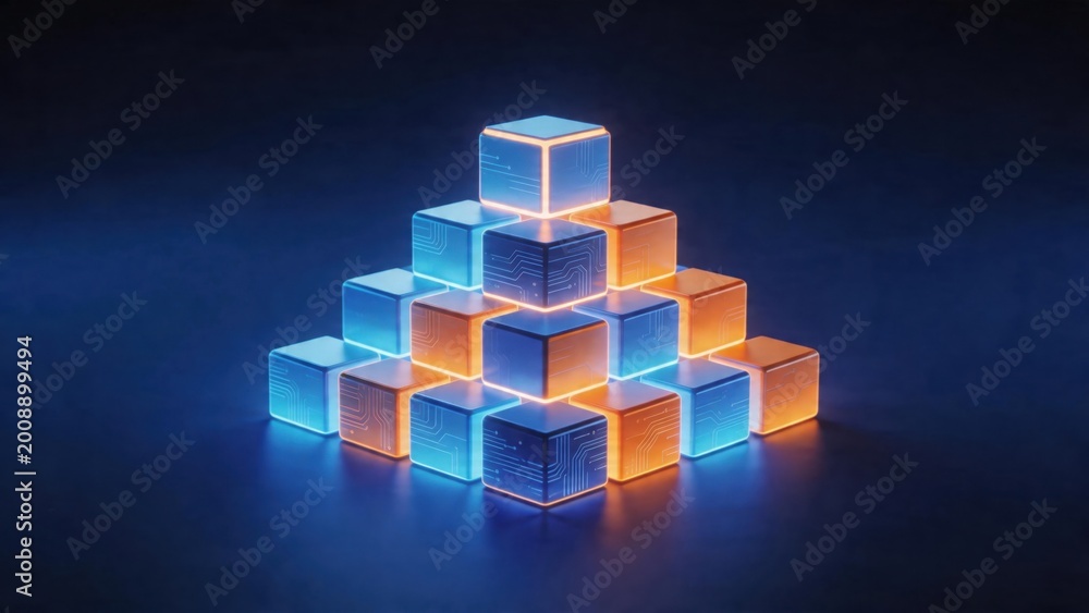 Fototapeta premium Stacked glowing cubes in pyramid formation