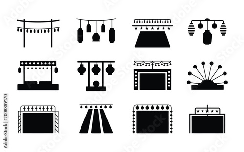 Black stage backdrop icons set with spotlights curtains and banners on white background