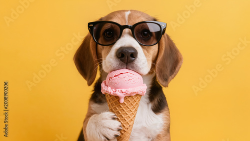 Funny dog wearing sunglasses holding ice cream cone, cute pet portrait with humorous concept on bright yellow background