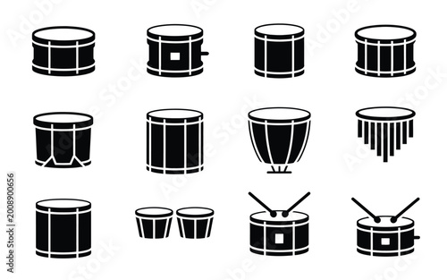Drum set icons black and white vector illustrations various drum types and styles musical
