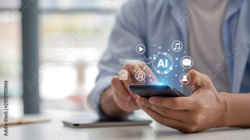 Man uses smartphone with AI assistant for various digital services and applications.