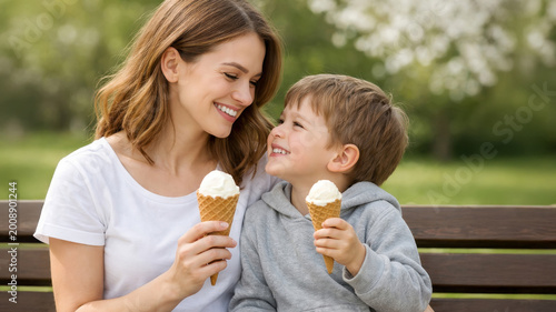 Happy mother and little son eating ice cream together on park bench, smiling and enjoying sweet treat on warm sunny day outdoors