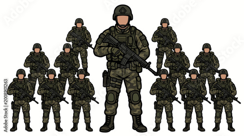 Slika na platnu Military soldiers group in camouflage uniform holding rifles tactical infantry squad vector illustration