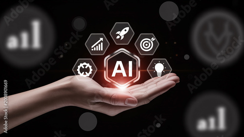 Hand displaying AI hexagon with surrounding business and technology icons on a dark background