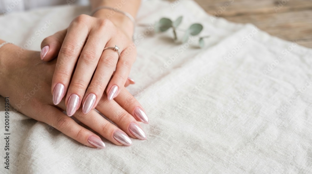 Naklejka premium Soft rosy pink nails with silver chrome powder