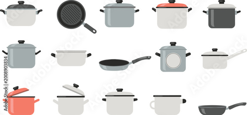 Foto Flat vector illustration set of various kitchen cookware cooking pots frying pan
