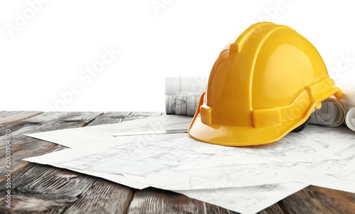 Yellow construction hard hat resting on blueprint plans on wooden table for safety and engineering concept