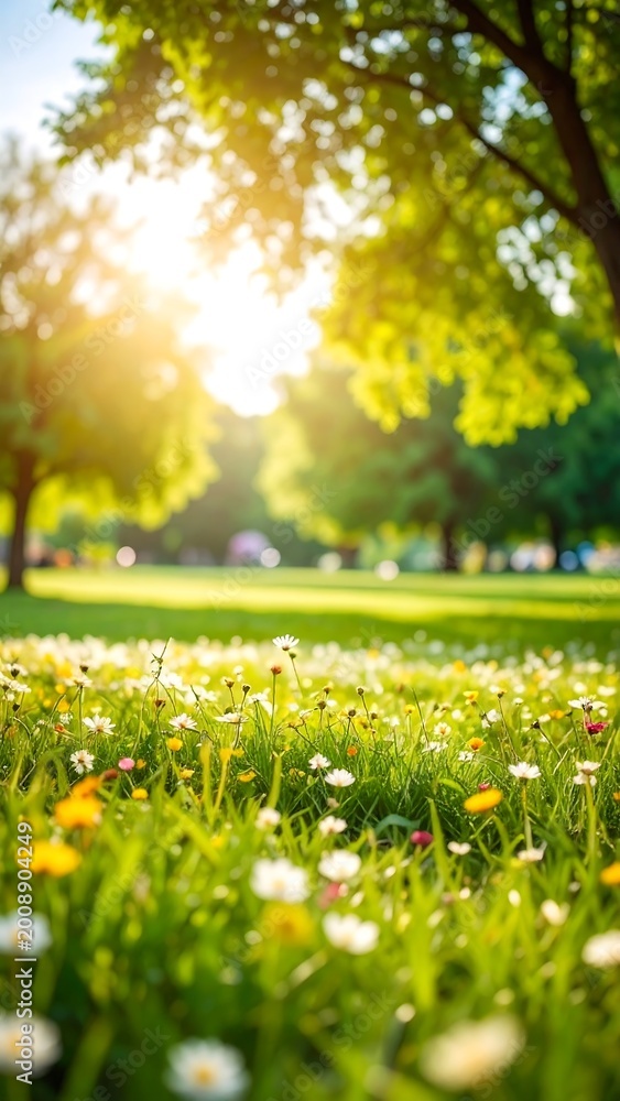 Fototapeta premium Sunny meadow filled with wildflowers, bathed in sunlight. Blurred background with trees. The light is glowing