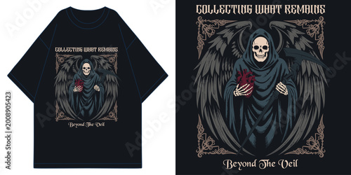 Foto vintage grim reaper collecting what remains t-shirt design with winged skeleton
