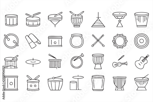 Schilderij op canvas Drum kit and percussion instrument icons with snare bass tambourine cymbal and r