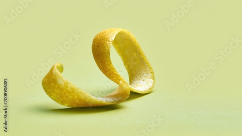 A curled yellow lemon peel on a pale green background, showcasing texture and a minimal still-life composition.
