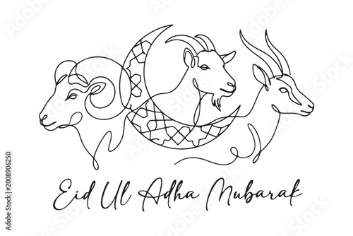 Elegant Eid Ul Adha banner with sacrificial animals in a single line art style.