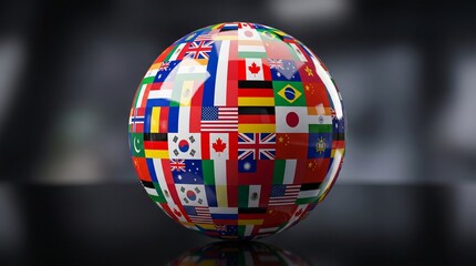 3D global sphere covered with world flags on dark reflective surface, international unity and globalization concept