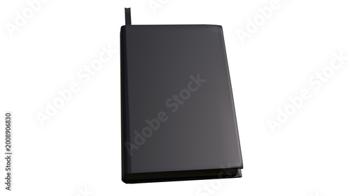 3D render of closed black hardcover book with matte finish and ribbon bookmark, isolated on transparent background, realistic design for education or publishing.