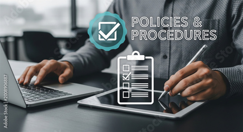 Corporate policies and procedures compliance, businessman using digital tablet and laptop