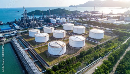 Aerial View of a Large Industrial Oil Storage Tank Farm by the Sea.
