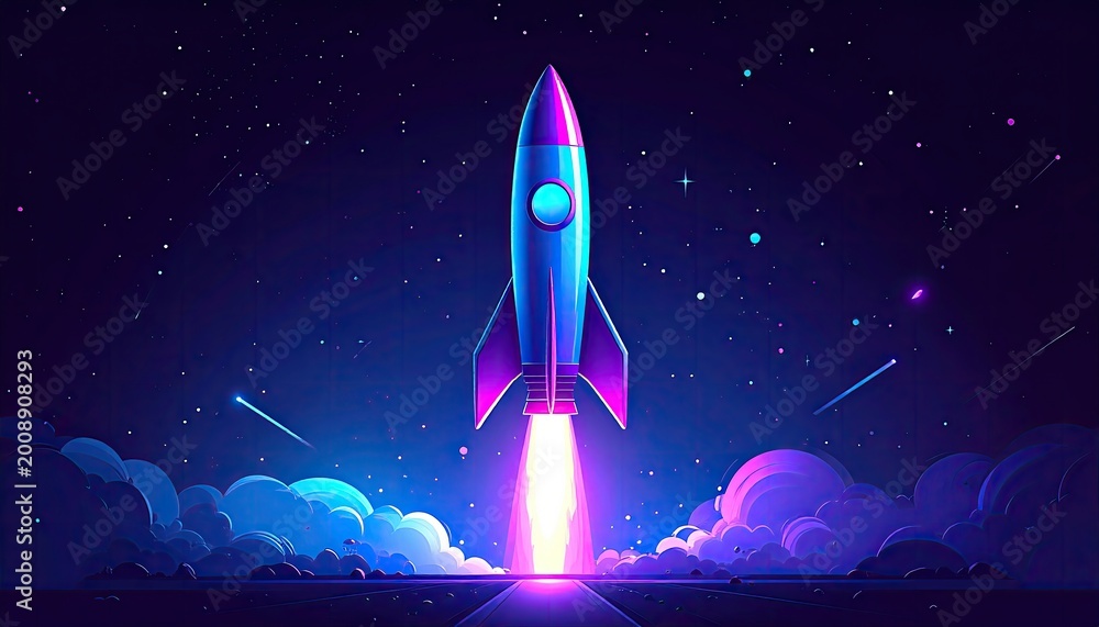 Fototapeta premium Vibrant rocket blasts off through starry cosmos, igniting clouds in neon glow