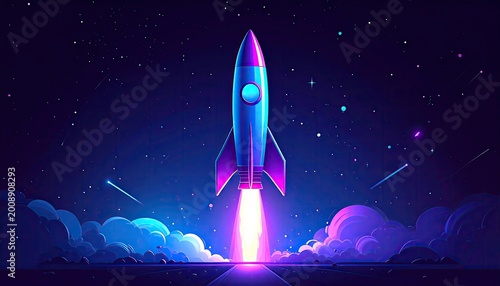 Vibrant rocket blasts off through starry cosmos, igniting clouds in neon glow