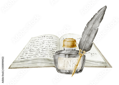 Tableau sur toile Book watercolor illustration with open notebook, ink bottle and feather pen