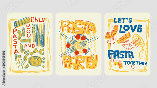 Colorful set of pasta poster style retro illustrations. Celebrate carefree spirit and life simple pleasures