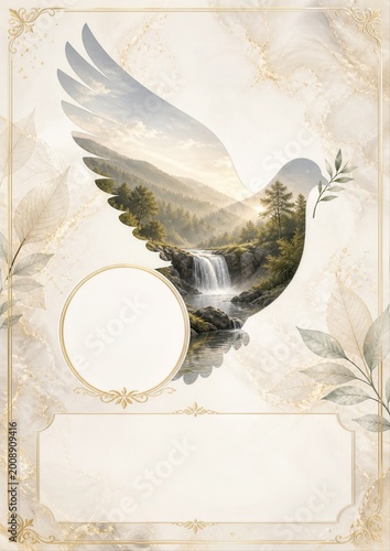 Elegant Double Exposure Dove Funeral Card with Nature Imagery White Background Gold Accents and Floral Border for Serenity and Peaceful Commemoration