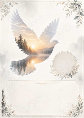 Nature Inspired Peaceful Dove Double Exposure Funeral Flyer Featuring a Misty Morning Over Forest and Water with Elegance Border for Memorial Tributes