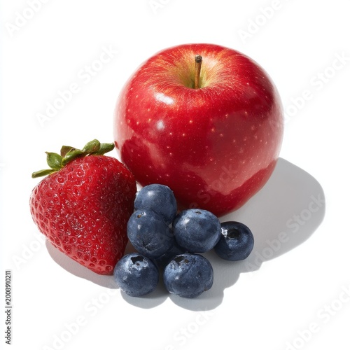Fresh Red Apple, Juicy Strawberry, and Ripe Blueberries Arranged Artistically on White Background