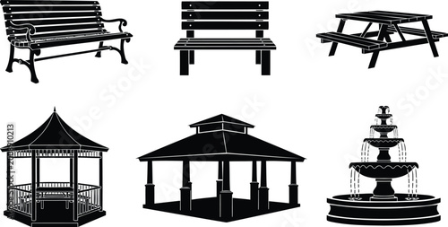 Park furniture and gazebo silhouette set for outdoor recreation vector illustration.