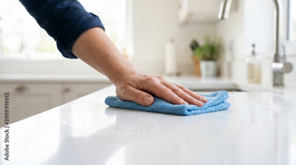 Fototapeta premium Cleaning worker wiping a white kitchen countertop with a blue microfiber cloth in a bright modern home, close up.