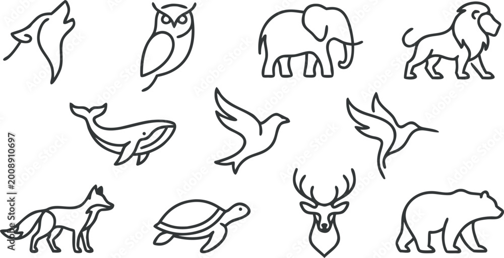 Fototapeta premium Minimal wildlife animal line art vector icon set for modern brand identity and nature conservation app design.