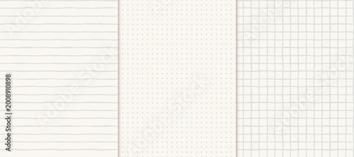 Hand drawn notebook paper seamless vector pattern set, Cream beige organic lined, dot grid and squares check background for journaling, back to school and education designs