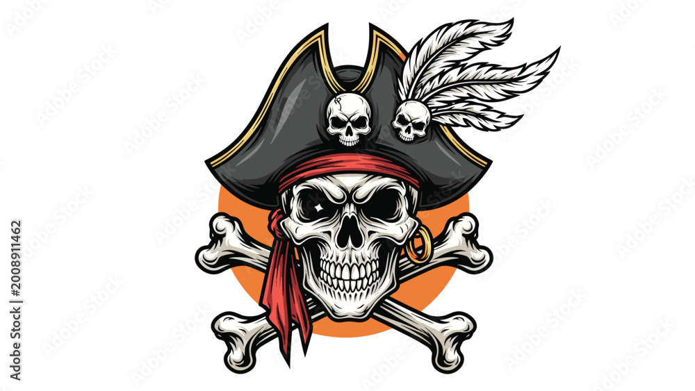 Fototapeta premium Fierce pirate skull wearing a black bicorne hat with feathers and crossed bones on a circular orange background.