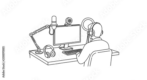 Online content creator with streaming setup computer, microphone, webcam, ring light, headphones