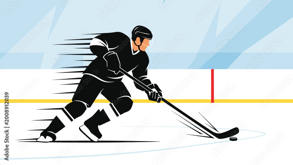 Obraz premium Silhouette of a professional hockey player in a black jersey skating quickly on ice with speed lines indicating fast action and movement.