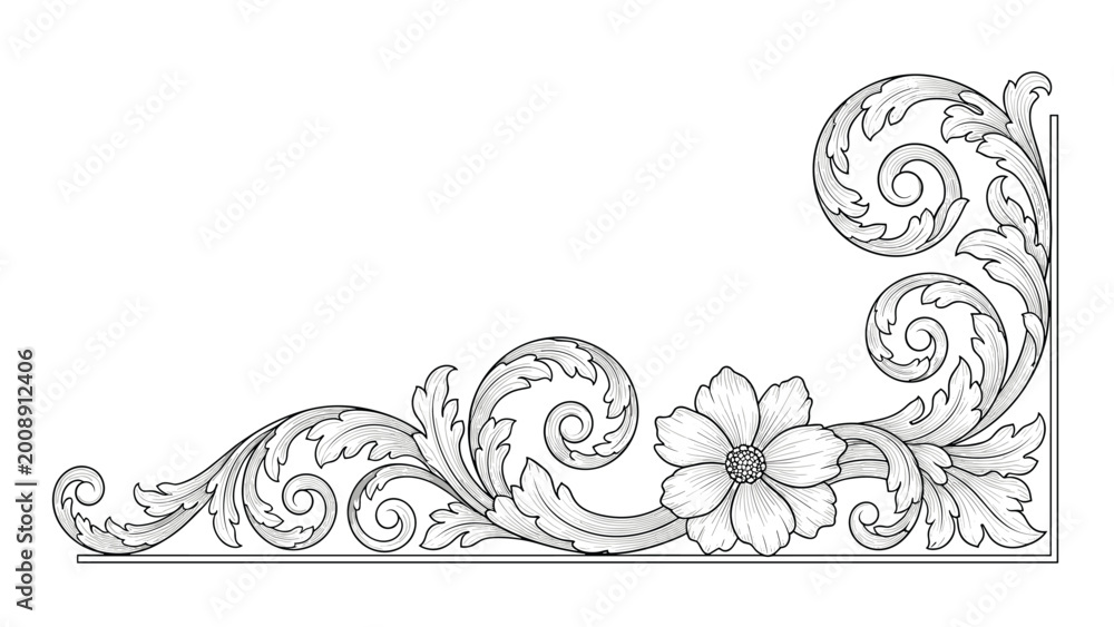 Fototapeta premium Elegant black and white corner ornament featuring an intricate floral pattern with a large flower and flowing decorative scrolls.