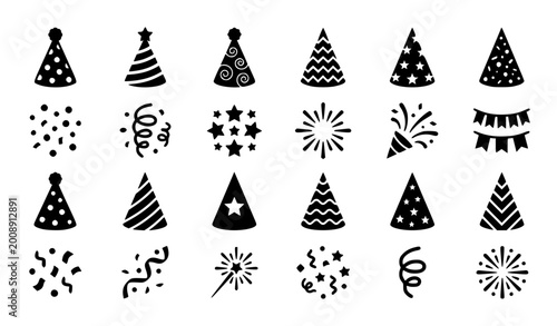 Obraz na płótnie Party hat and confetti silhouette icon set for celebration and ice cream themed