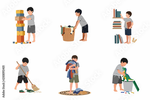 Foto Set of illustrations depicting a young boy doing daily household chores like sweeping, organizing books, tidying toys, and helping with laundry