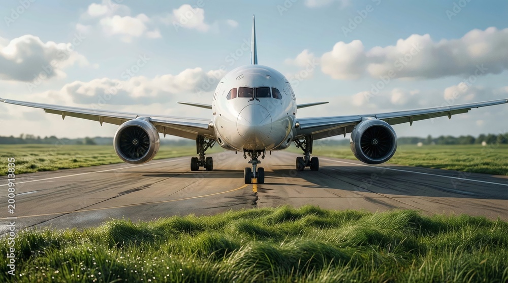 Naklejka premium Modern Passenger Jet Airliner on Tarmac, Ready for Takeoff Under a Blue Sky with Clouds